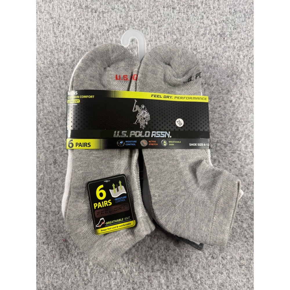 US Polo Assn Mens 6 Pair Low Cut Cushion Comfort Socks Grey White Shoe Size 6-12
